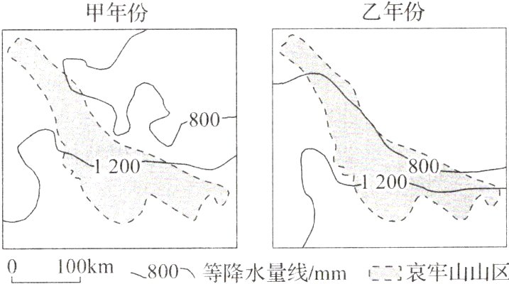 0100km800~等降水量线/mm∈哀牢山山区