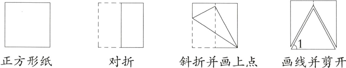 正方形纸对折斜折并画上点画线并剪开