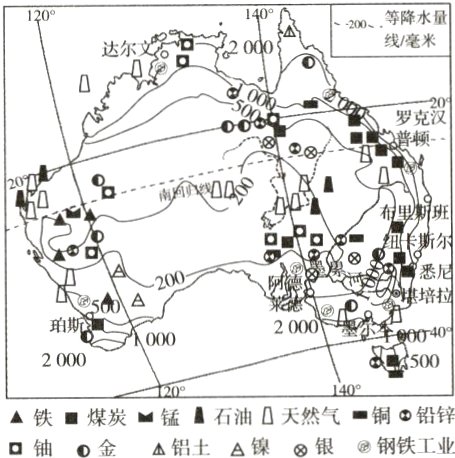 铁煤炭锰石油天然气铜铅锌口铀金铝土A镍②银钢铁工业
