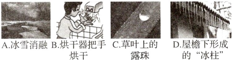 C草叶上的D屋檐下形成A冰雪消融B烘干器把手露珠的 冰柱 烘干