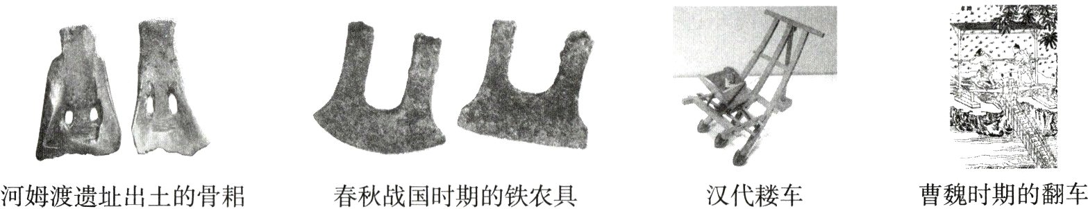 曹魏时期的翻车汉代耧车河姆渡遗址出土的骨耜春秋战国时期的铁农具
