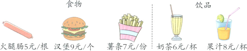 火腿肠5元根薯条7元份奶茶6元杯果汁8元杯汉堡9元个