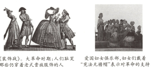 爱国妇女俱乐部妇女们戴着装饰战大革命时期人们耻笑宪法无檐帽表示对革命的支持那些仍穿着老式贵族服饰的人