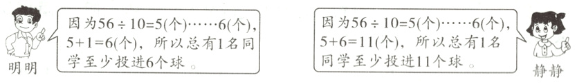 因为56÷10=5(个)……6(个),5+1=6(个),所以总有1名同学至少投进6个球。 因为56÷10=5(个)……6(个),5+6=11(个),所以总有1名同学至少投进11个球。 明明 静静
