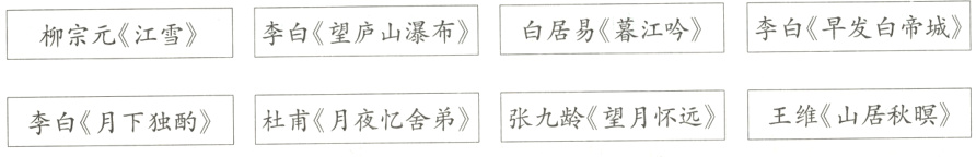 柳宗元《江雪》 李白《望庐山瀑布》 白居易《暮江吟》 李白《早发白帝城》 李白《月下独酌》 杜甫《月夜忆舍弟》 张九龄《望月怀远》 王维《山居秋暝》