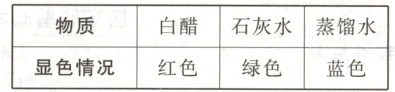 物质白醋石灰水蒸馏水显色情况红色绿色蓝色