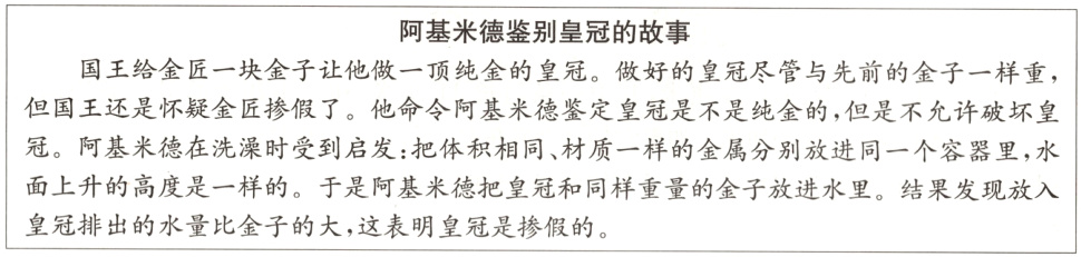 面上升的高度是一样的皇冠排出的水量比金子的大 这表明皇冠是掺假的