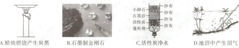 蓬松棉A蜡烛燃烧产生炭黑B石墨制金刚石C活性炭净水D池沼中产生沼气
