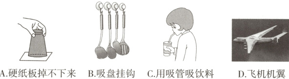 A硬纸板掉不下来B吸盘挂钩C用吸管吸饮料D飞机机翼