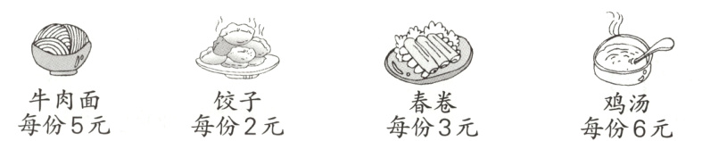 牛肉面春卷饺子鸡汤每份5元每份2元每份3元每份6元