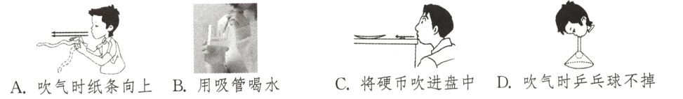 C将硬币吹进盘中D吹气时乒乓球不掉A吹气时纸条向上B用吸管喝水