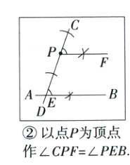 ②以点P为顶点作∠CPF = ∠PEB