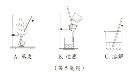 B过滤A蒸发C溶解第5题图