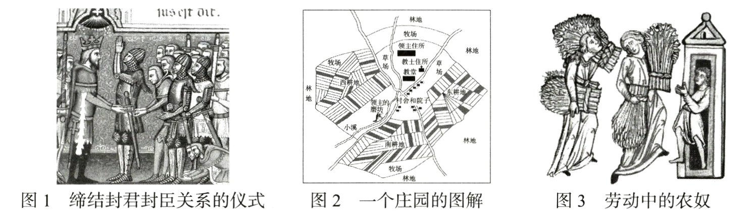 图1缔结封君封臣关系的仪式图2一个庄园的图解图3劳动中的农奴