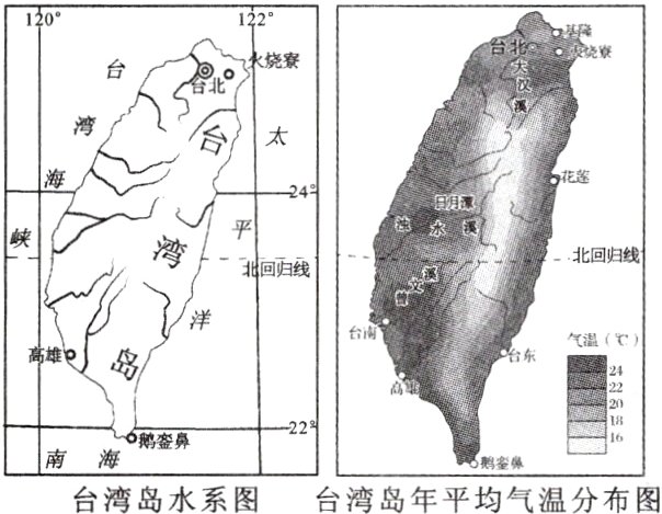 台湾岛水系图台湾岛年平均气温分布图