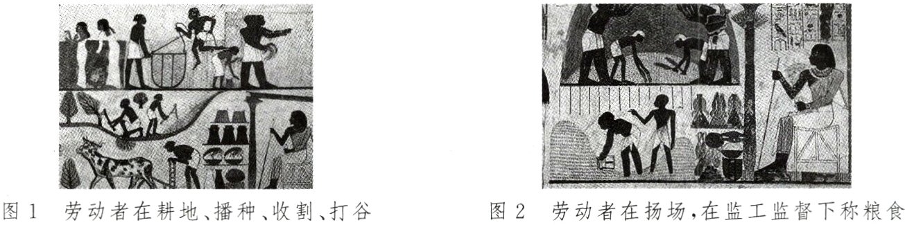图1劳动者在耕地播种收割打谷图2劳动者在扬场 在监工监督下称粮食