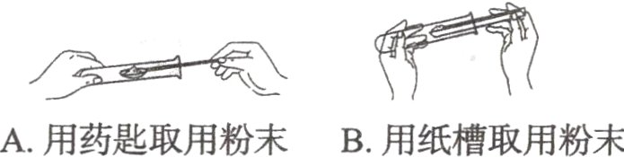 A用药匙取用粉末B用纸槽取用粉末