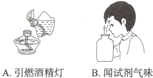 A引燃酒精灯B闻试剂气味
