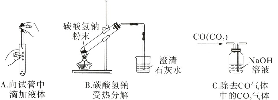 A向试管中B碳酸氢钠C除去CO气体滴加液体受热分解中的CO气体