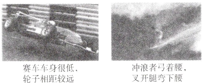 冲浪者弓着腰 赛车车身很低 叉开腿弯下腰轮子相距较远
