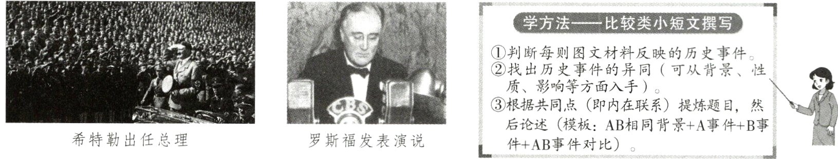 后论述模板AB相同背景+A事件+B事希特勒出任总理罗斯福发表演说件+AB事件对比