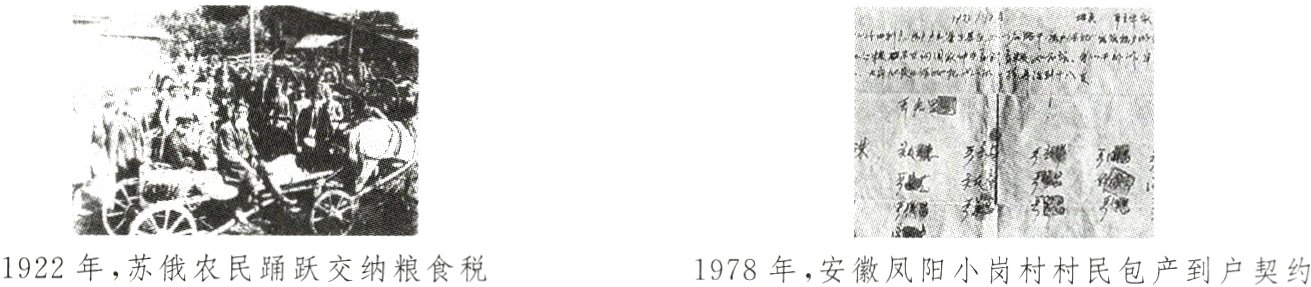 1922年 苏俄农民踊跃交纳粮食税1978年 安徽凤阳小岗村村民包产到户契约