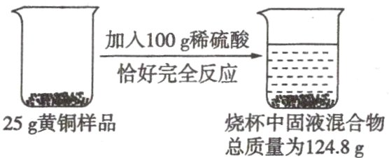 烧杯中固液混合物25g 黄铜样品总质量为124.8g
