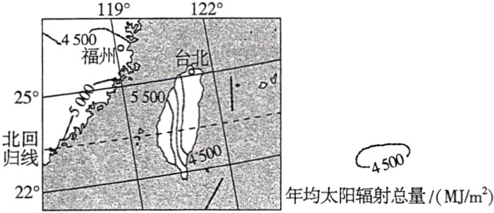 我国某区域年均太阳辐射总量分布图