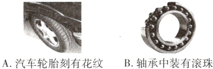 A汽车轮胎刻有花纹B轴承中装有滚珠