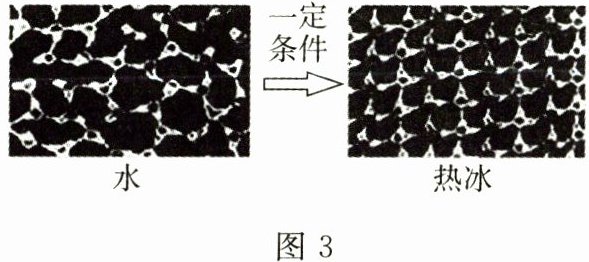 img
A.反应物是化合物
B.原子在化学变化中可以再分
C.汞由汞分子构成
D.氧分子由氧原子构成,所以氧原子是保持
氧气化学性质的最小微观粒子
答案:
10.A
11.化学学科核心素养展现了化学课程对学生发展的重要价值。下列示例正确的是(
A.化学观念:化学变化常伴随着能量的变化,所以有能量变化的一定是化学变化
B.科学思维:同种元素原子的质子数相同,所以质子数相同的微观粒子一定属于同种元素
C.科学探究与实践:将火柴梗迅速平放入蜡烛的火焰中,约 1 s 后取出,探究火焰哪层温度
最高
D.科学态度与责任:用酒精灯加热试管里的液体时,试管口要对着自己,不能对着他人
C
)。A.化学观念:化学变化常伴随着能量的变化,所以有能量变化的一定是化学变化
B.科学思维:同种元素原子的质子数相同,所以质子数相同的微观粒子一定属于同种元素
C.科学探究与实践:将火柴梗迅速平放入蜡烛的火焰中,约 1 s 后取出,探究火焰哪层温度
最高
D.科学态度与责任:用酒精灯加热试管里的液体时,试管口要对着自己,不能对着他人
答案:
11.C
12.科学家发现,在特殊条件下,水能表现出许多有趣的结构和性质。在一定条件下,给水
施加一个弱电场,能使水在常温常压下结成冰,俗称“热冰”。图 3 为该过程的计算机模拟图。
下列说法正确的是(
![img
![