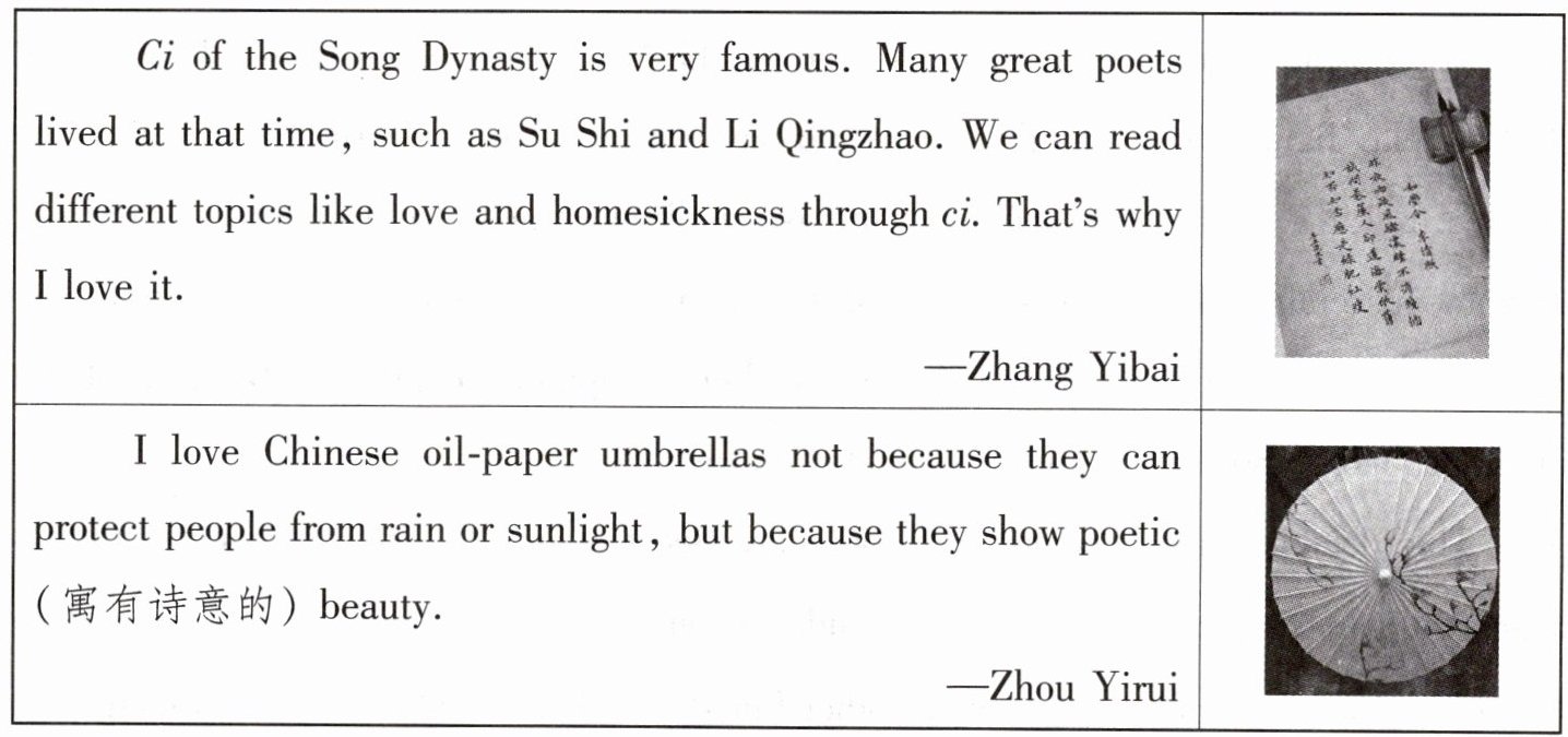 CioftheSongDynastyisveryfamousManygreatpoetslivedatthattimesuchasSuShiandLiQingzhaoWecanreaddifferenttopicslikeloveandhomesicknessthroughciThatx27swhyIloveitZhangYibaiIloveChineseoil-paperumbrellasnotbecausetheycanprotectpeoplefromrainorsunlightbutbecausetheyshowpoetic寓有诗意的beautyZhouYirui