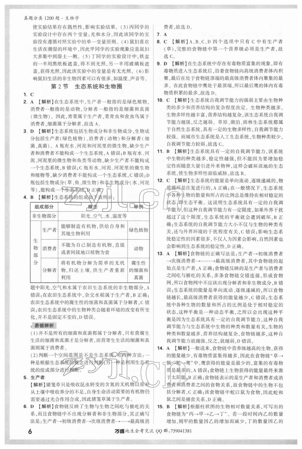 2022年万唯中考真题分类生物&nbsp;参考答案第5页