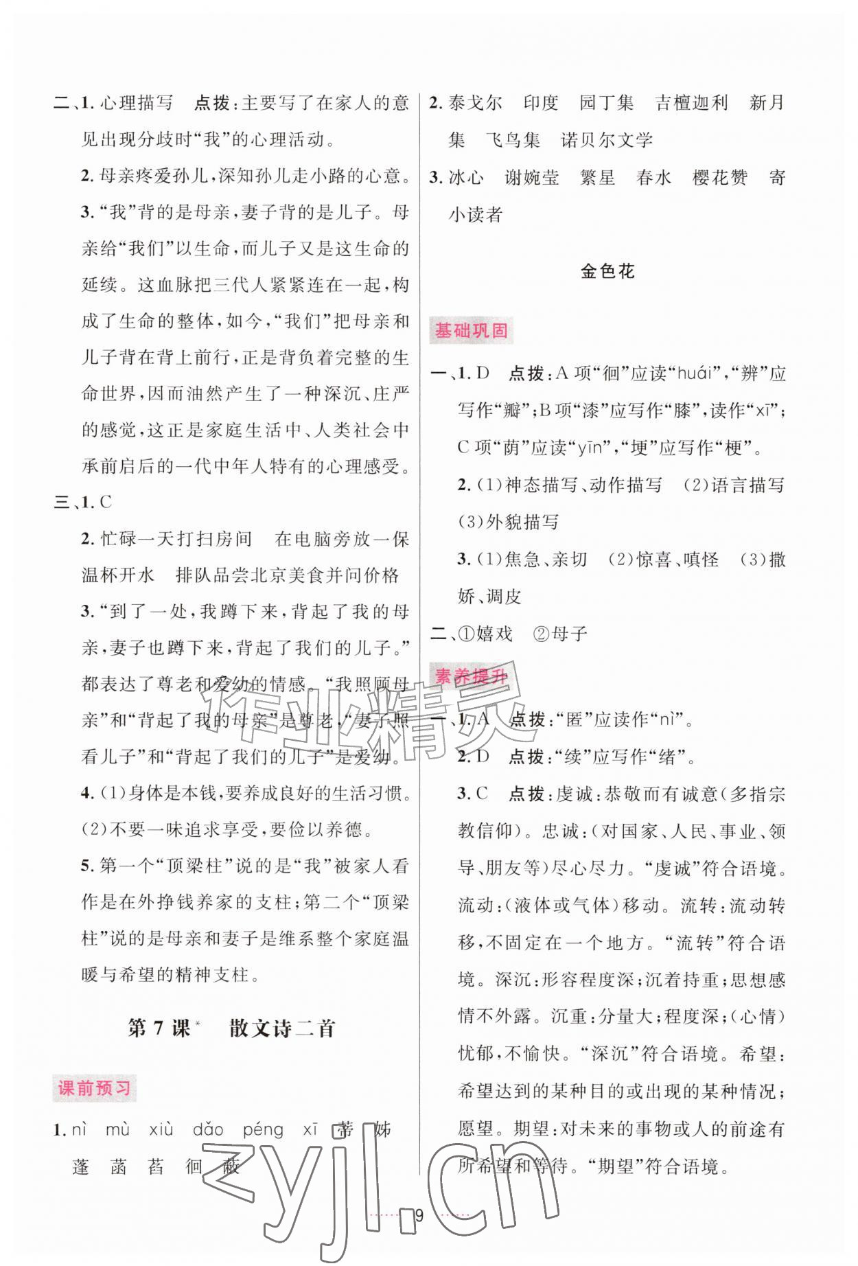 2026年三维数字课堂七年级语文上册人教版&nbsp;第9页