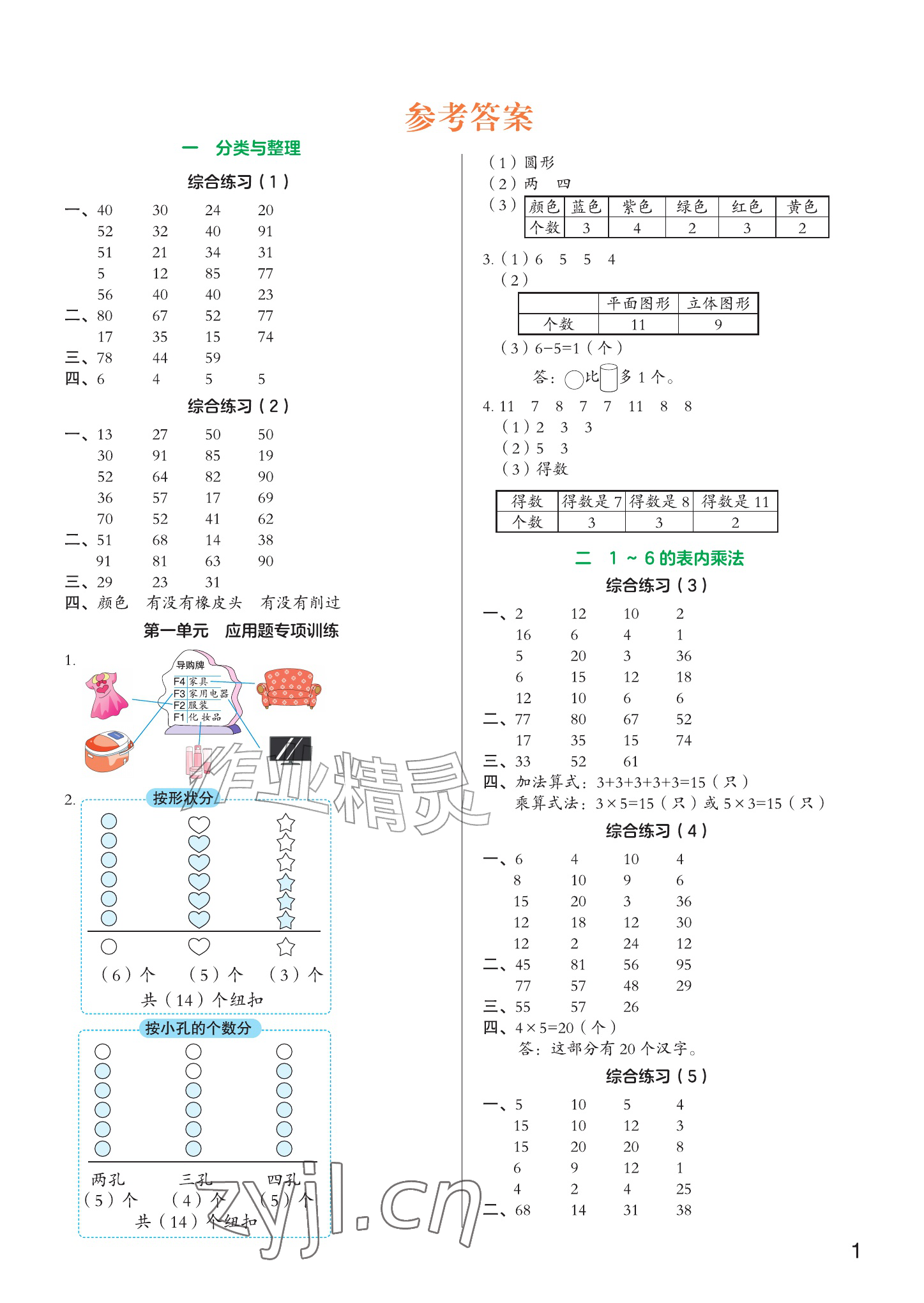 2026年专项组合训练二年级数学上册人教版&nbsp;参考答案第1页