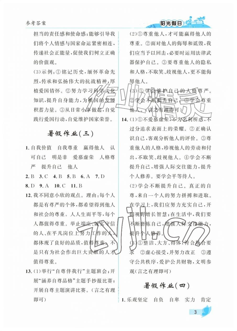 2026年阳光假日暑假七年级道德与法治人教版&nbsp;参考答案第3页