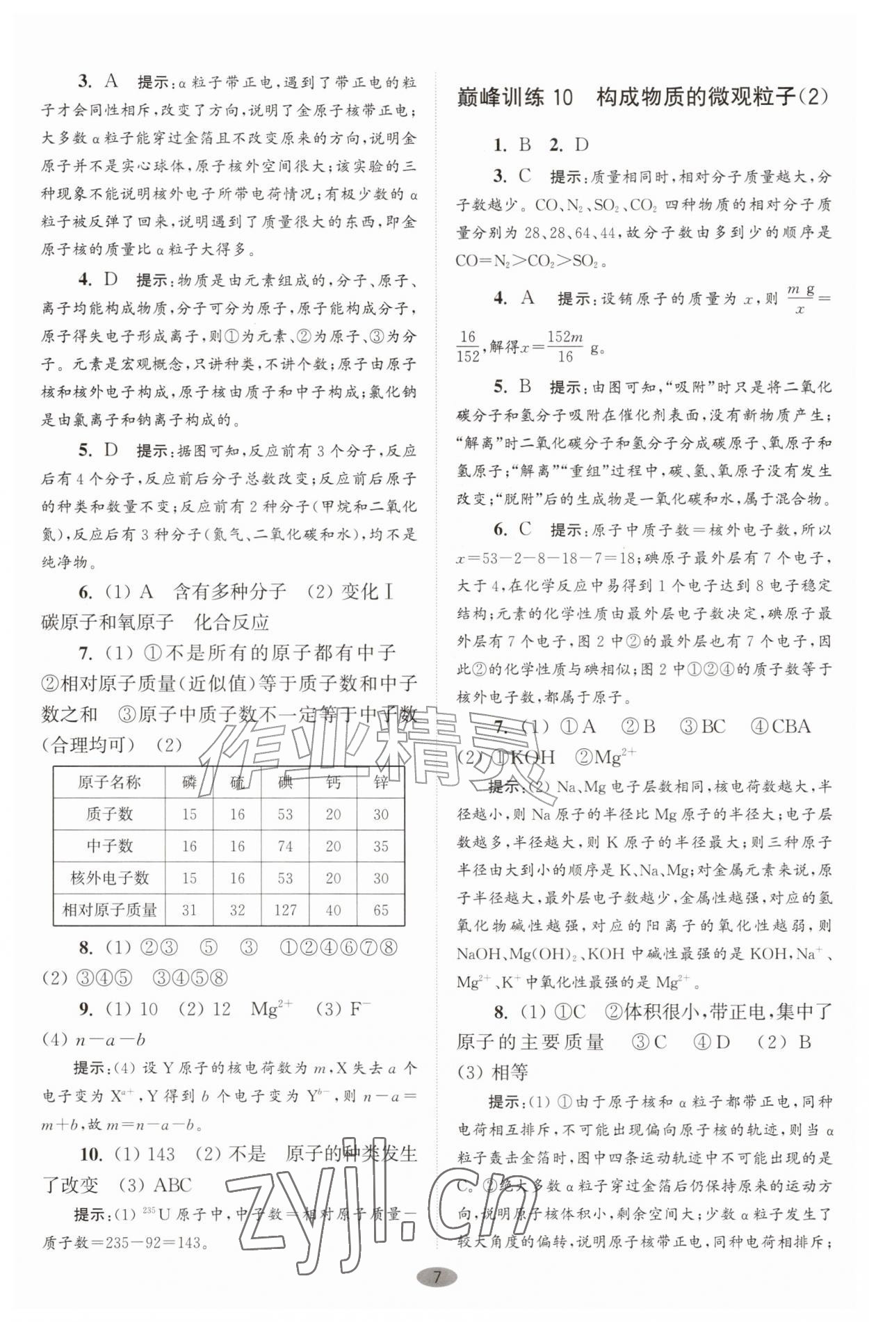2026年初中化学小题狂做九年级上册沪教版巅峰版&nbsp;参考答案第7页
