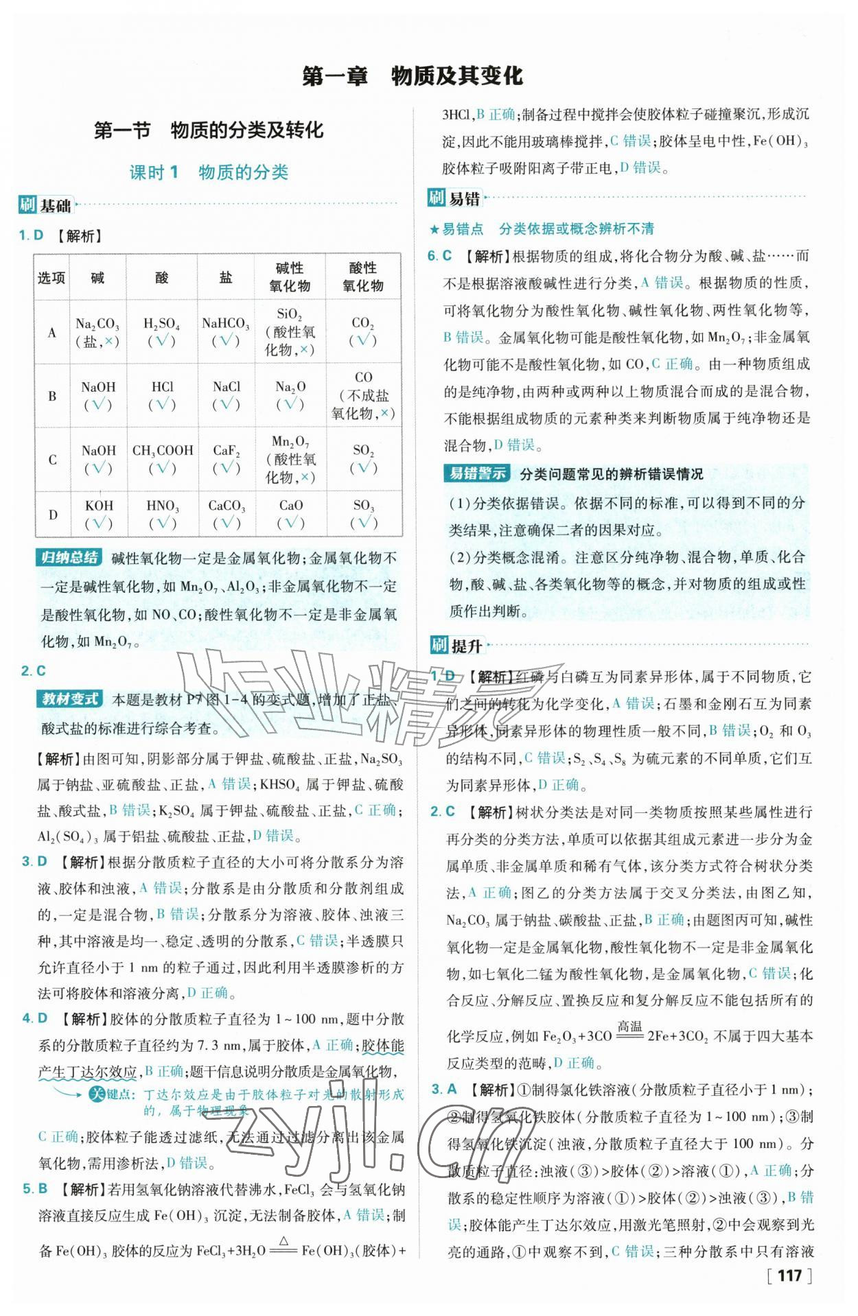 2026年高中必刷题化学必修第一册人教版&nbsp;参考答案第1页