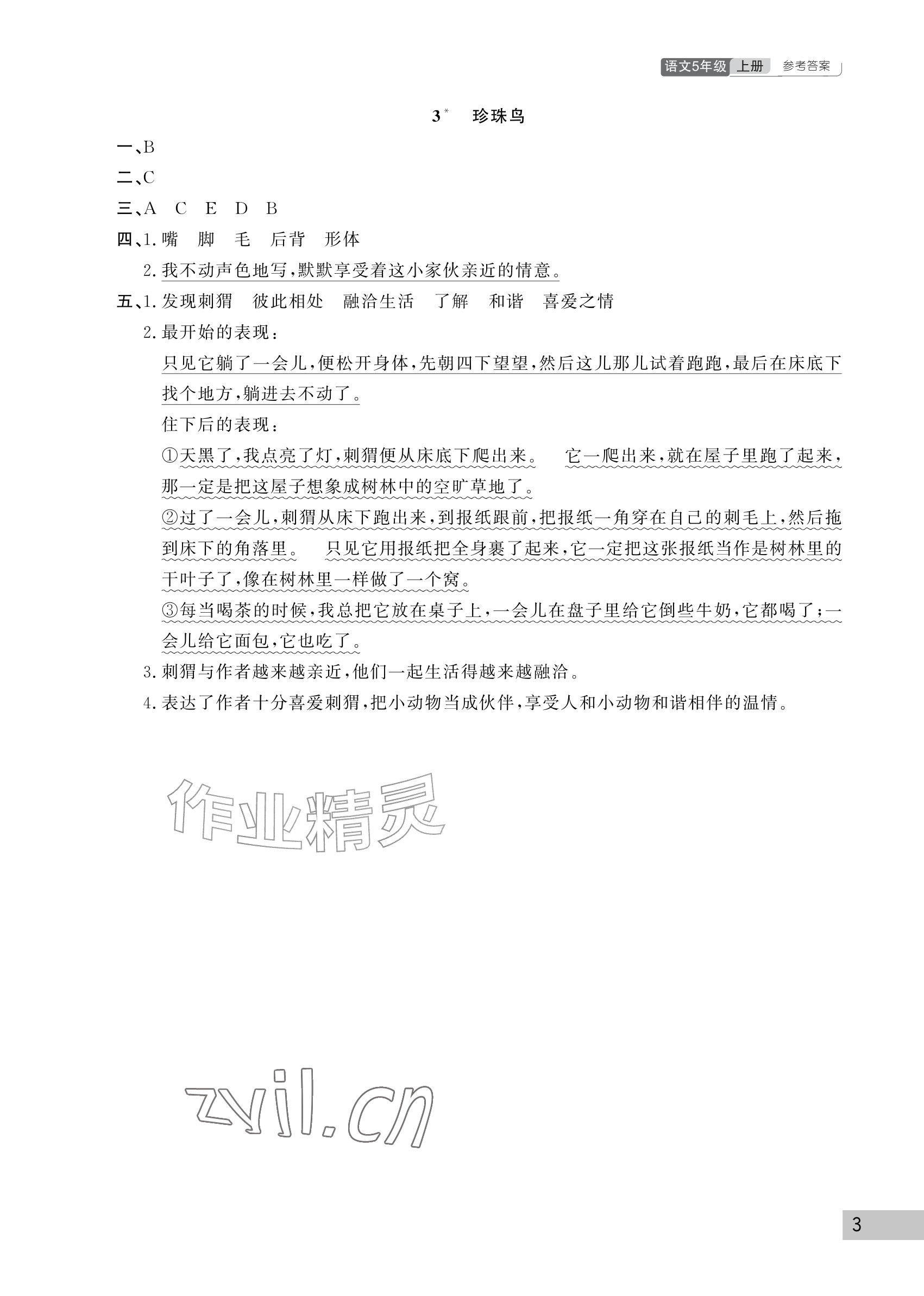 2026年课堂作业武汉出版社五年级语文上册人教版&nbsp;参考答案第3页