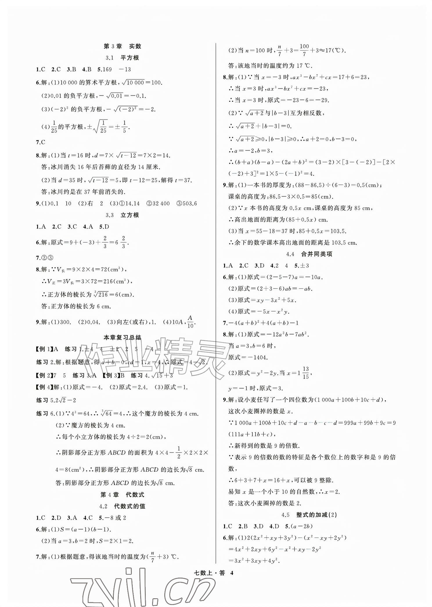 2026年名师面对面学科素养评价七年级数学上册浙教版&nbsp;参考答案第4页