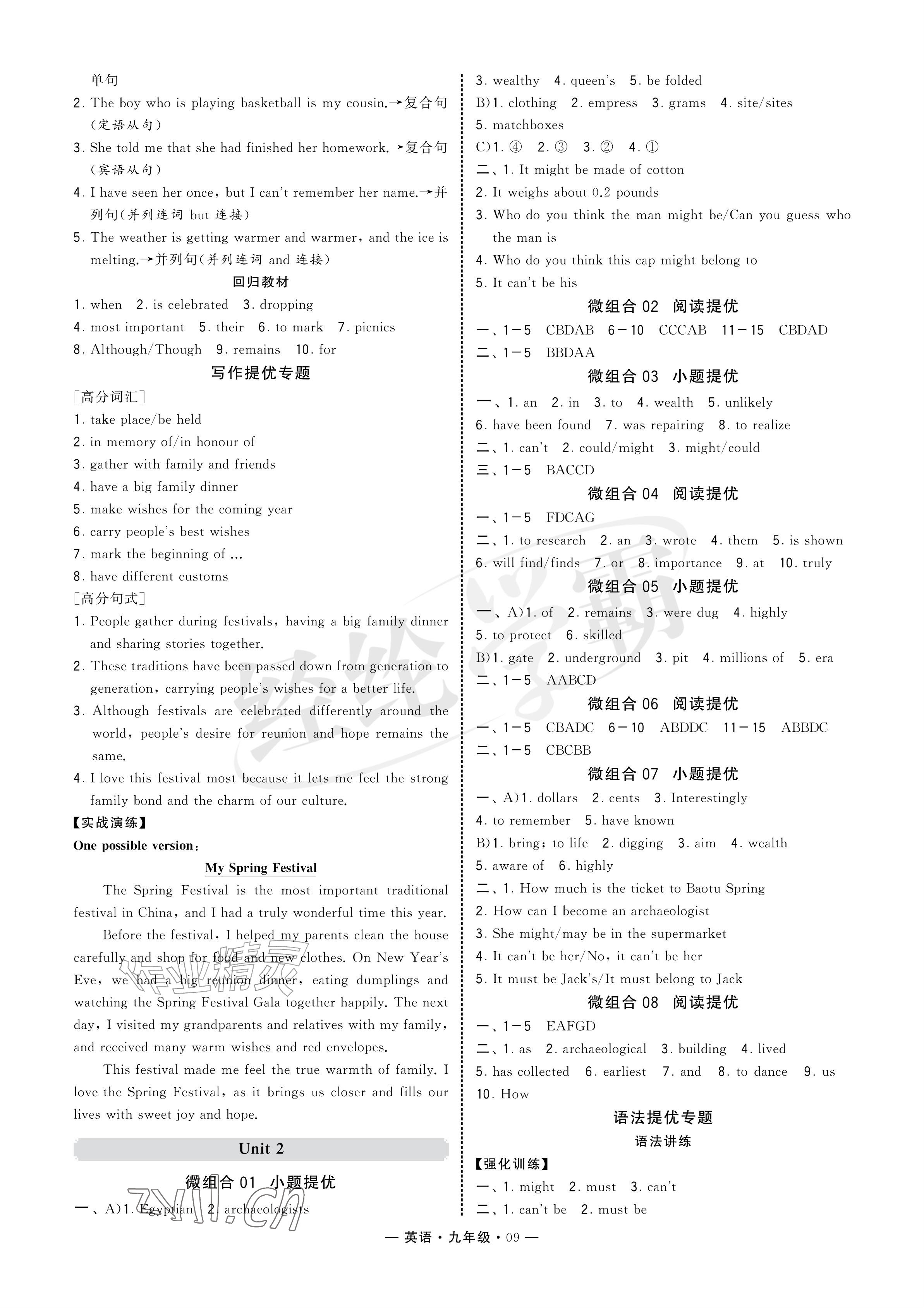 2026年学霸组合训练九年级英语全一册人教版济南专版&nbsp;参考答案第9页