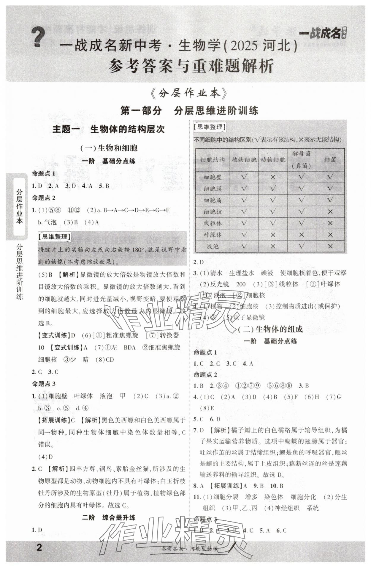 2025年一战成名新中考生物河北专版&nbsp;参考答案第1页