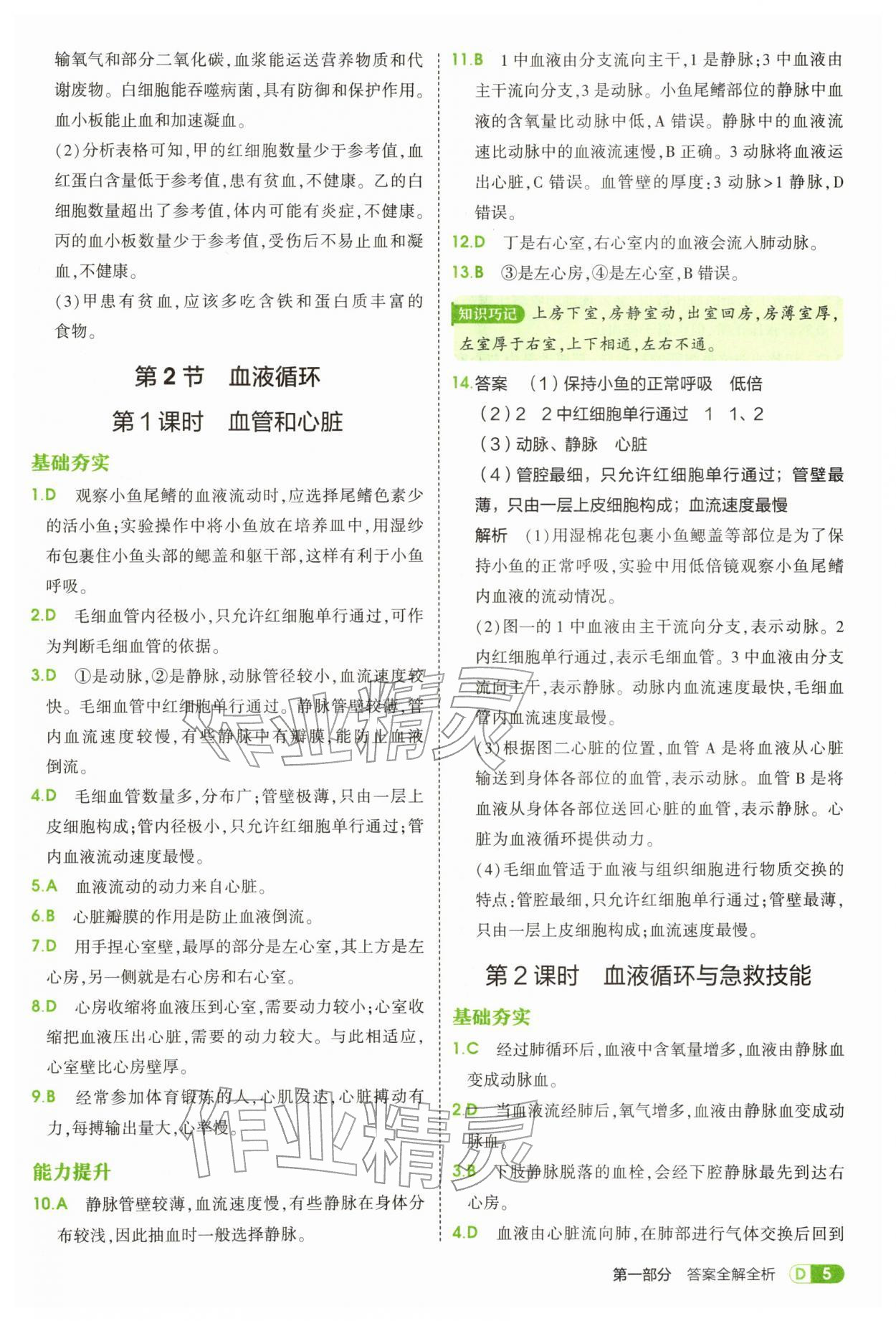 2026年5年中考3年模拟七年级生物下册北师大版&nbsp;参考答案第5页