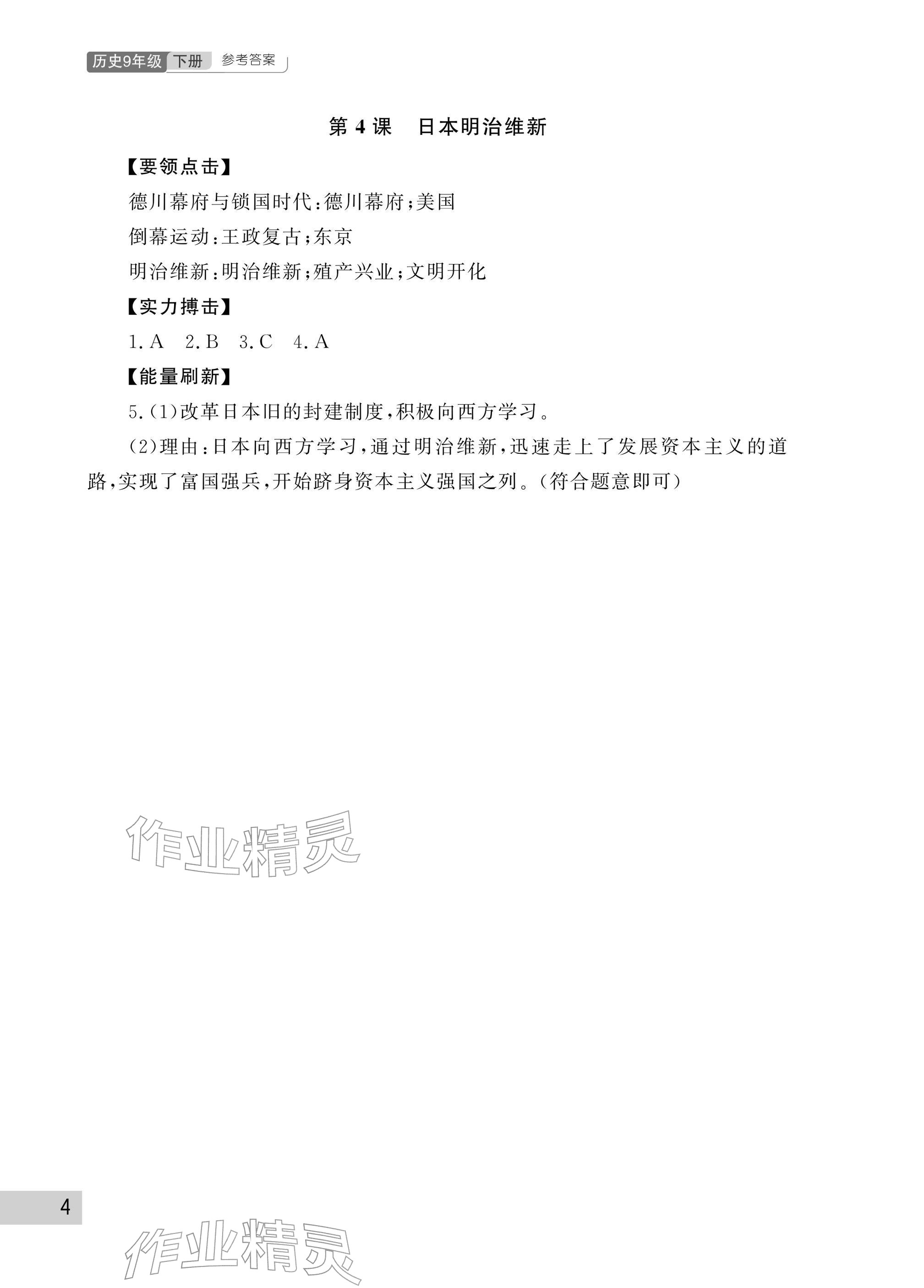 2026年课堂作业武汉出版社九年级历史下册人教版&nbsp;参考答案第4页