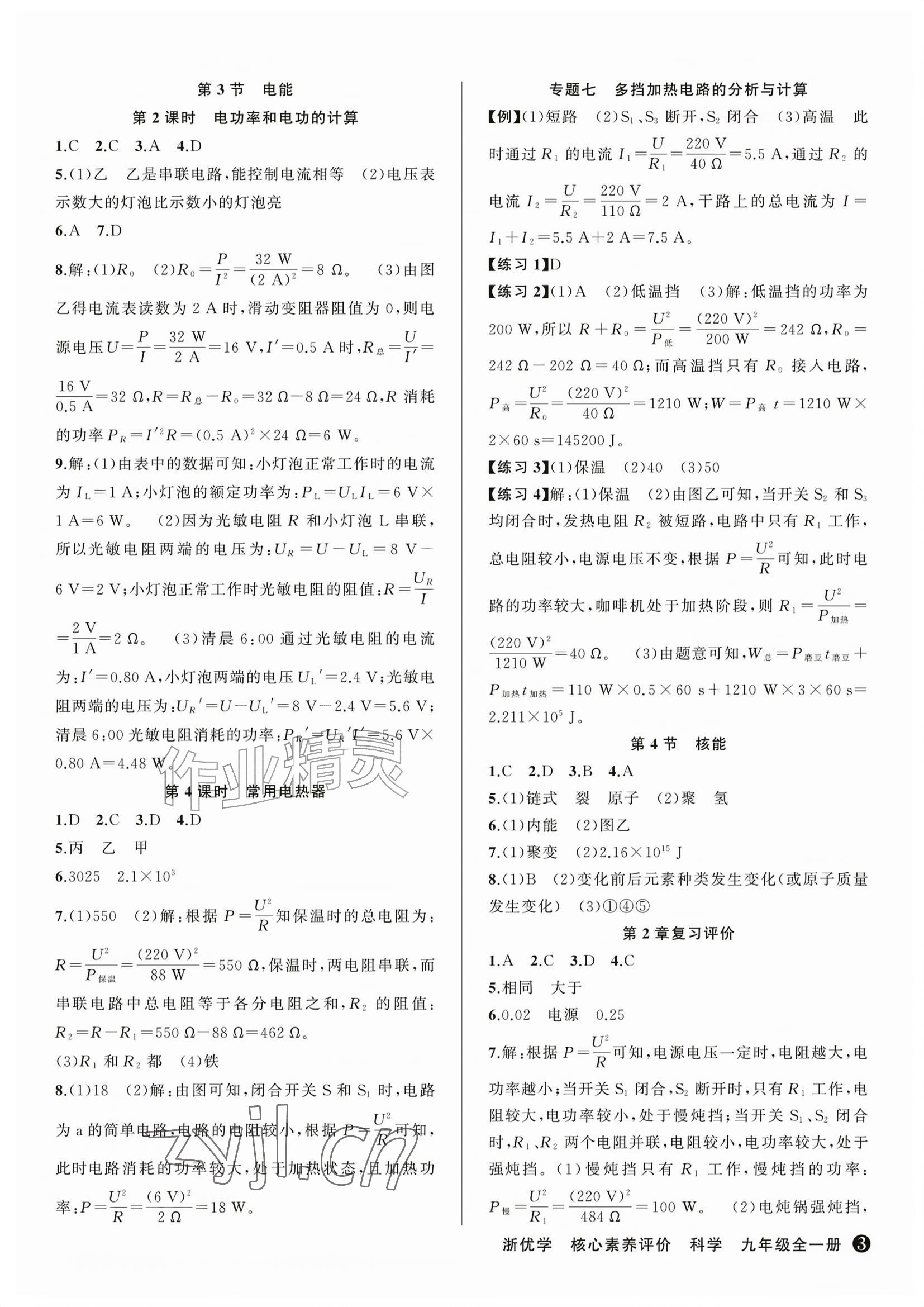 2026年浙优学核心素养评价九年级科学上册浙教版&nbsp;参考答案第3页