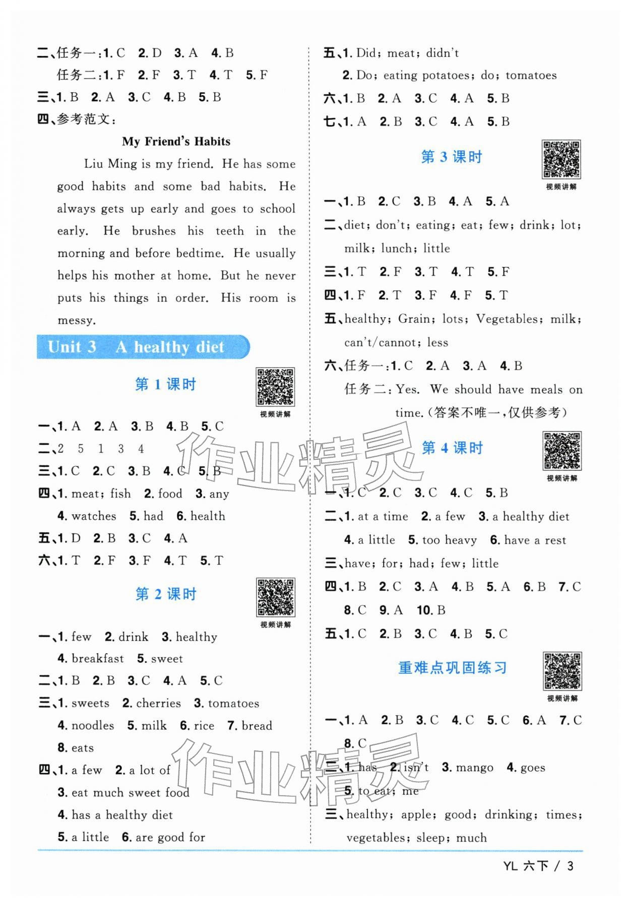 2026年阳光同学课时优化作业六年级英语下册译林版江苏专版&nbsp;参考答案第3页