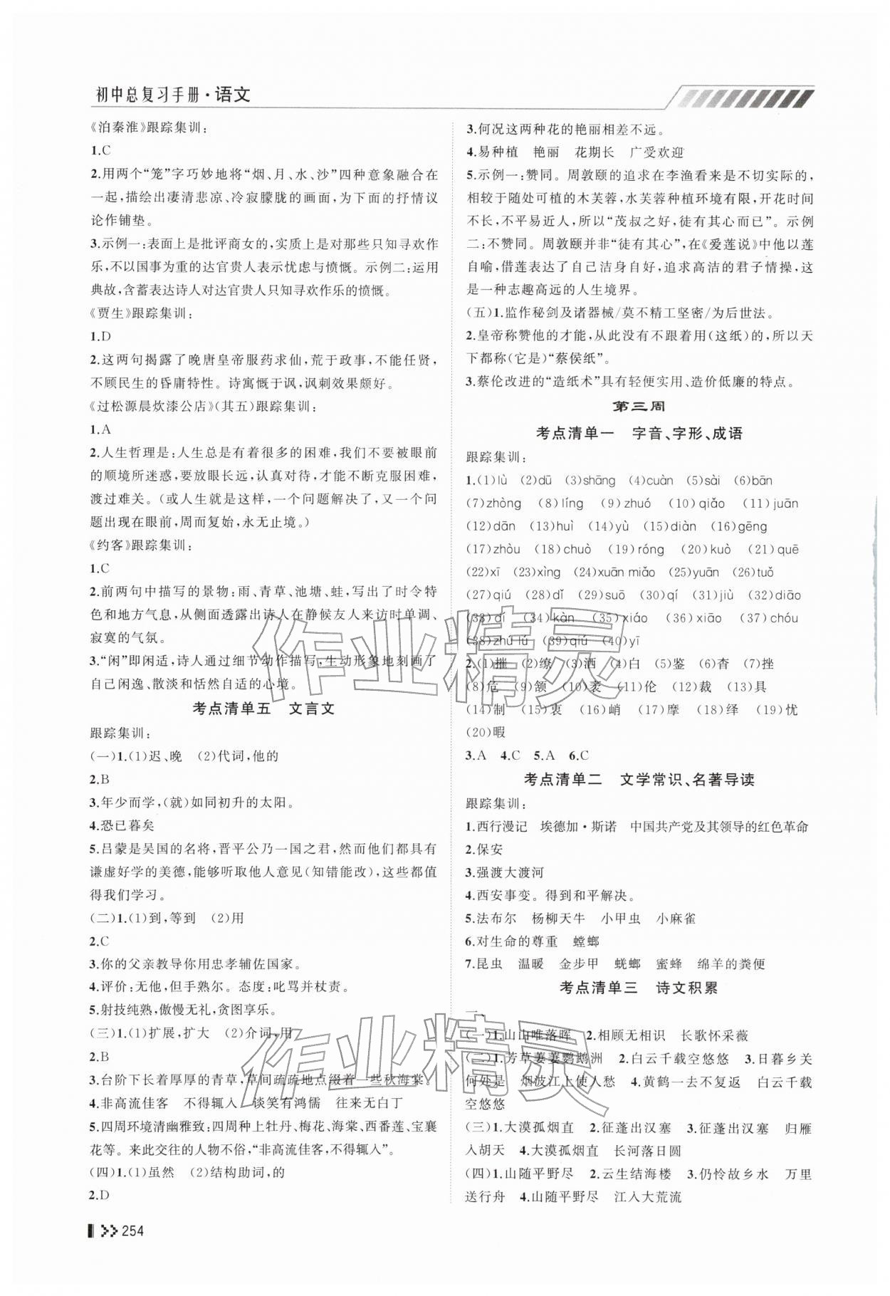 2026年初中总复习手册山东人民出版社语文&nbsp;参考答案第5页