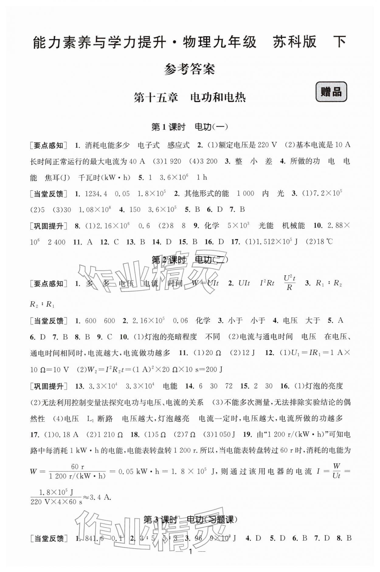 2026年能力素养与学力提升九年级物理下册苏科版&nbsp;参考答案第1页