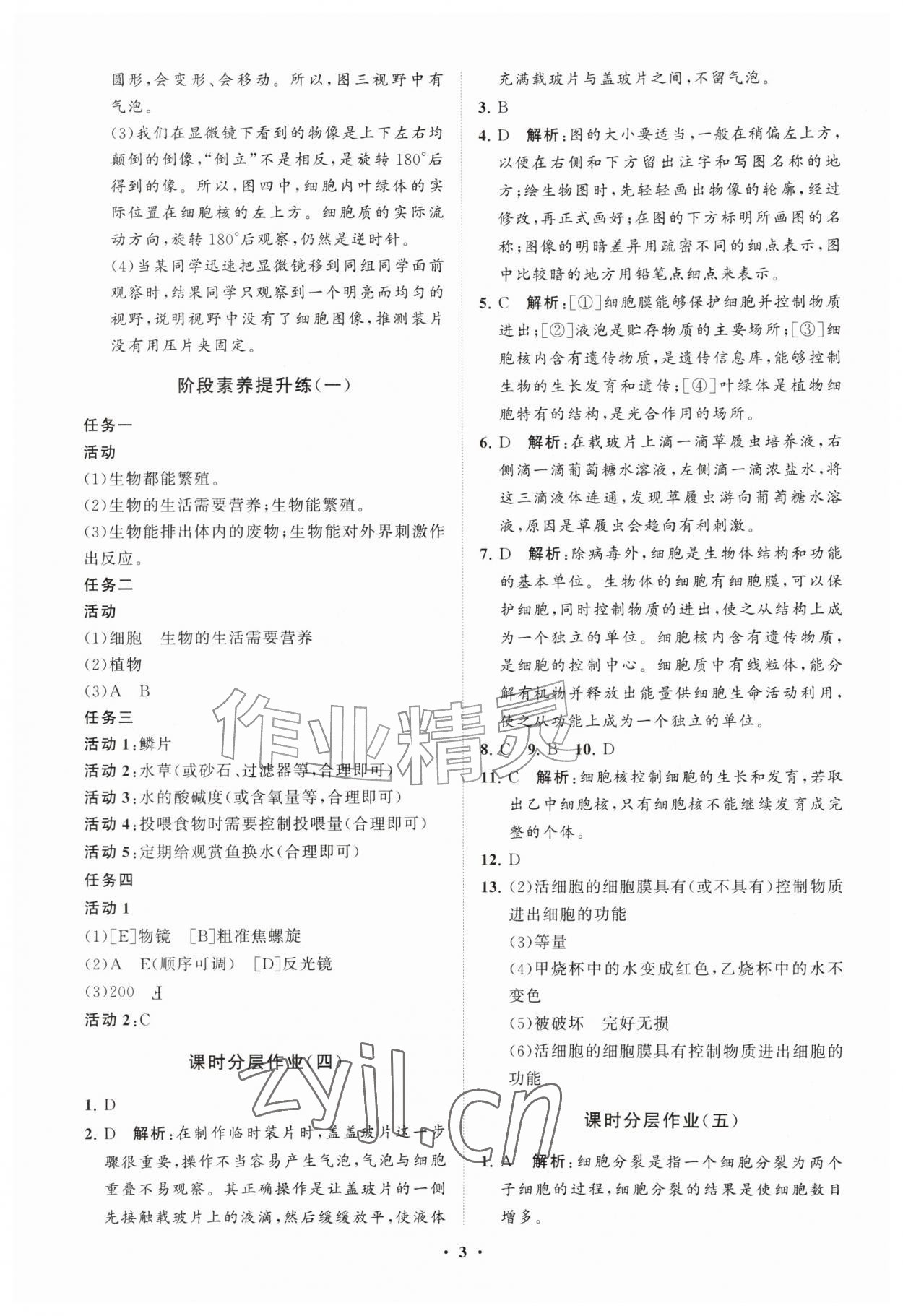 2026年同步练习册分层拓展七年级生物上册济南版&nbsp;参考答案第3页