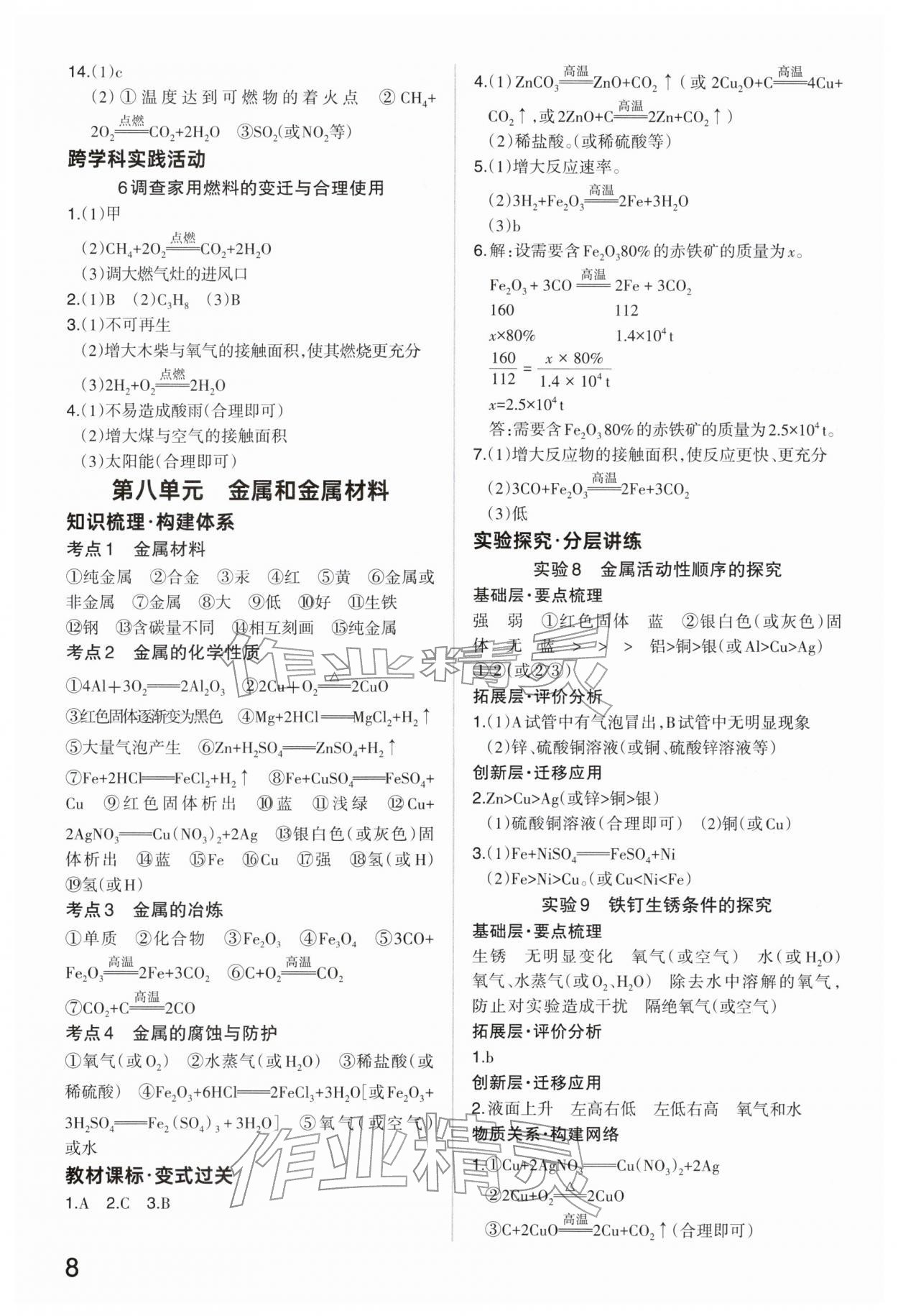 2026年分层新中考化学中考&nbsp;参考答案第8页
