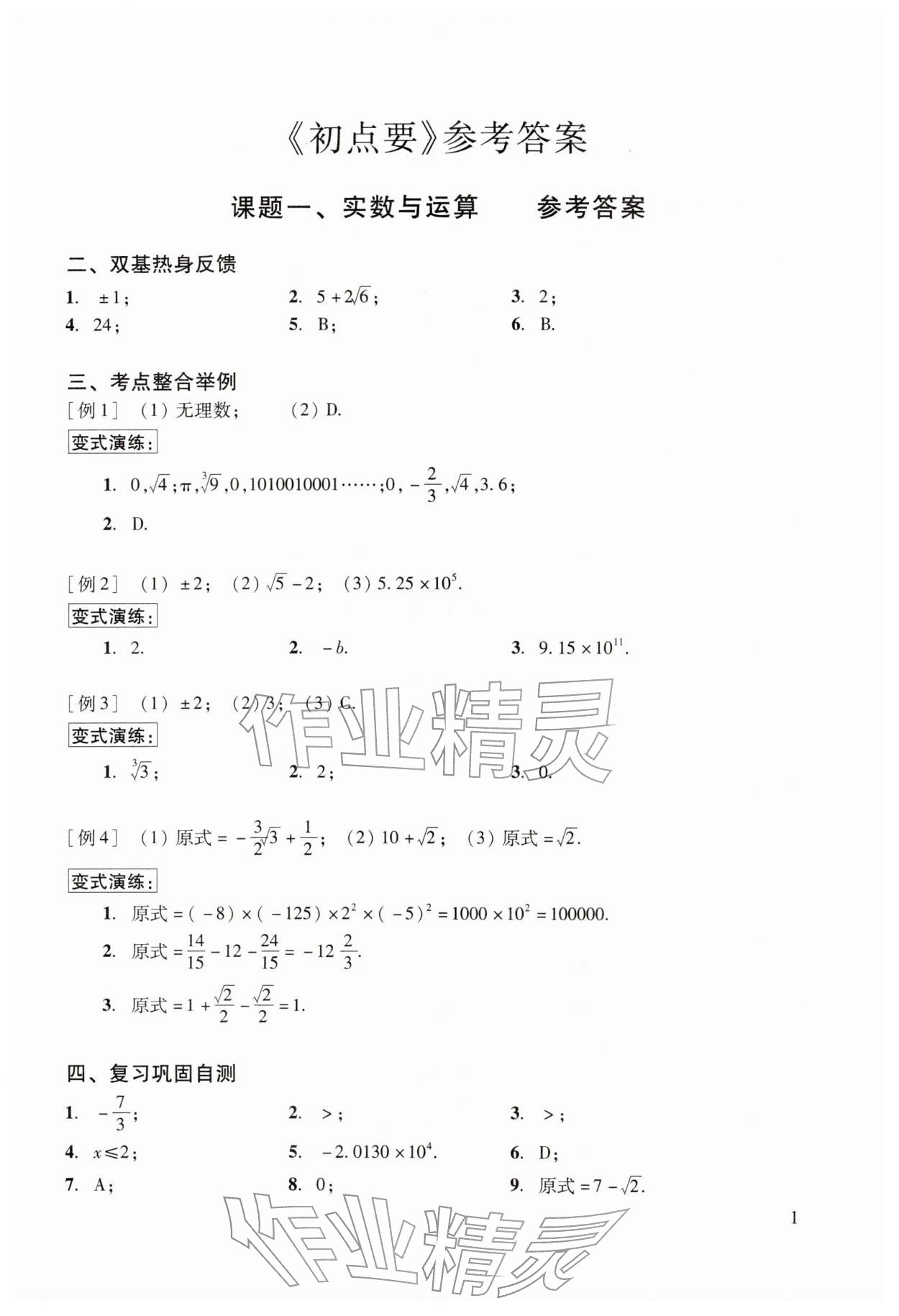 2026年初中数学复习点要初三总复习&nbsp;参考答案第1页